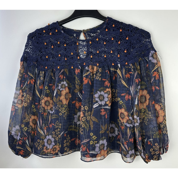 Anthropologie Mynahs Reynu Taandon Cristy Crotchet Beaded Blouse Boho Peasant XS - Picture 11 of 15